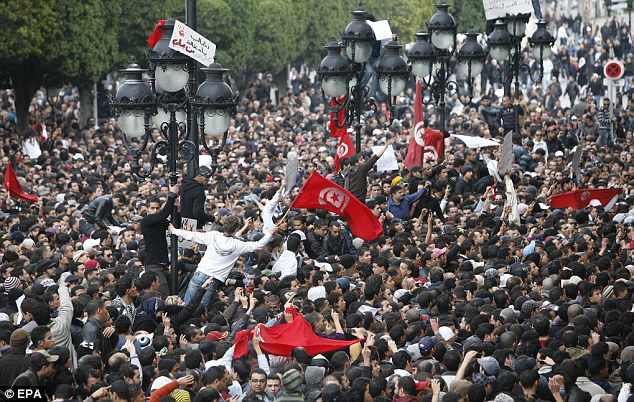 Demonstrators gather in front of the Interior Ministry during a protest against Tunisian President Zine El-Abidine Ben Ali